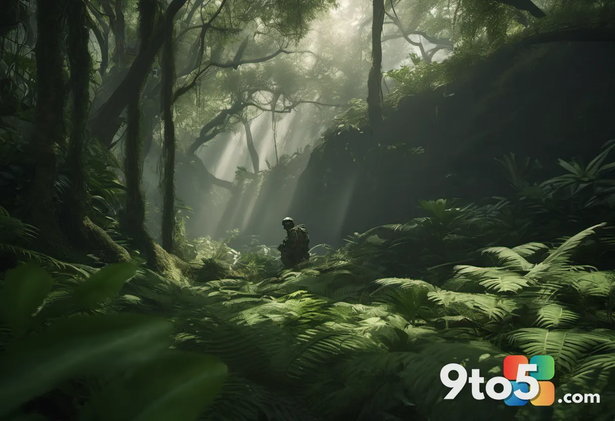 A lone soldier crouched in humid jungle foliage, dappled light through canopy, muted olive and green palette, cinematic 