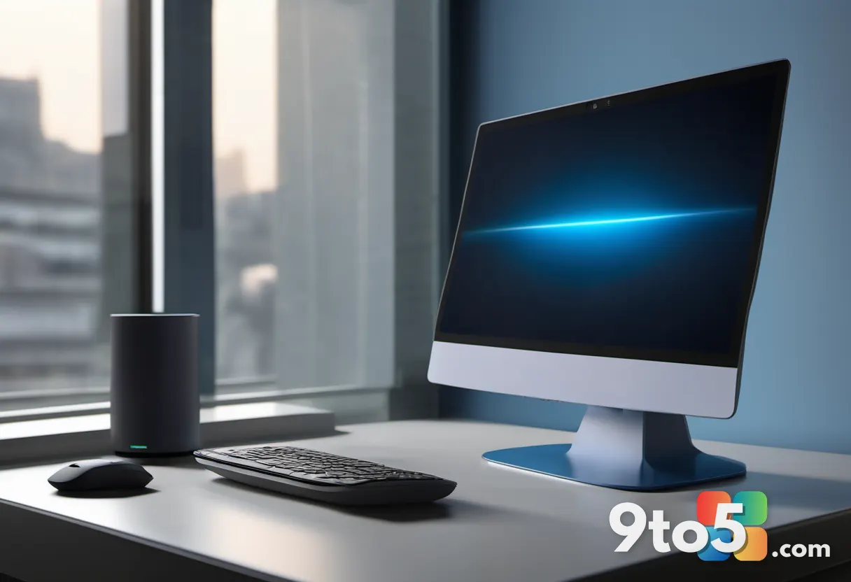 A lone router with a single blinking LED beside a laptop showing a no-internet warning, cool gray and blue palette, mood
