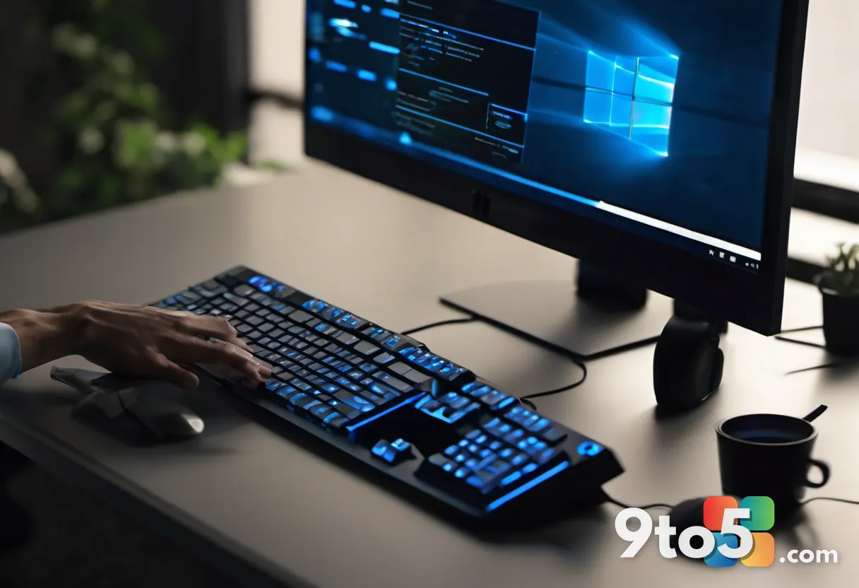 A close-up of a hand hovering over a keyboard with a glowing blue Windows logo on a dark monitor, soft bokeh office back