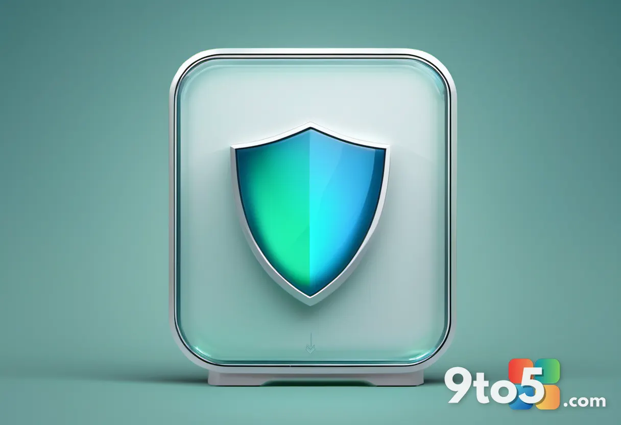 A transparent shield icon protecting a row of small app tiles on a digital screen, blue and green tones, minimalist tech