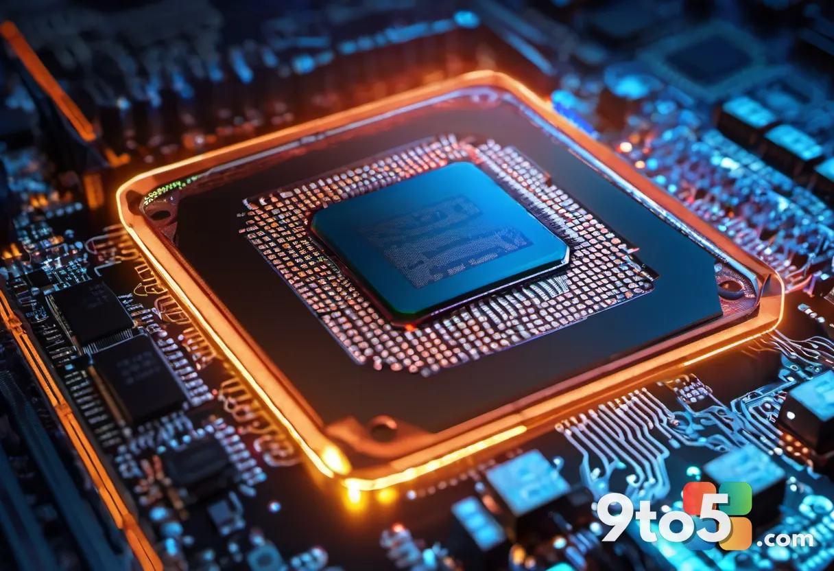 A close-up of a Qualcomm Snapdragon processor chip with glowing circuitry, tech macro photography, blue and orange accen