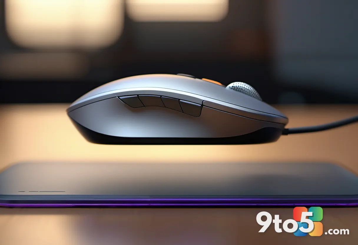 Macro close-up of a computer mouse showing a highlighted thumb-reachable action button, soft bokeh background, modern of