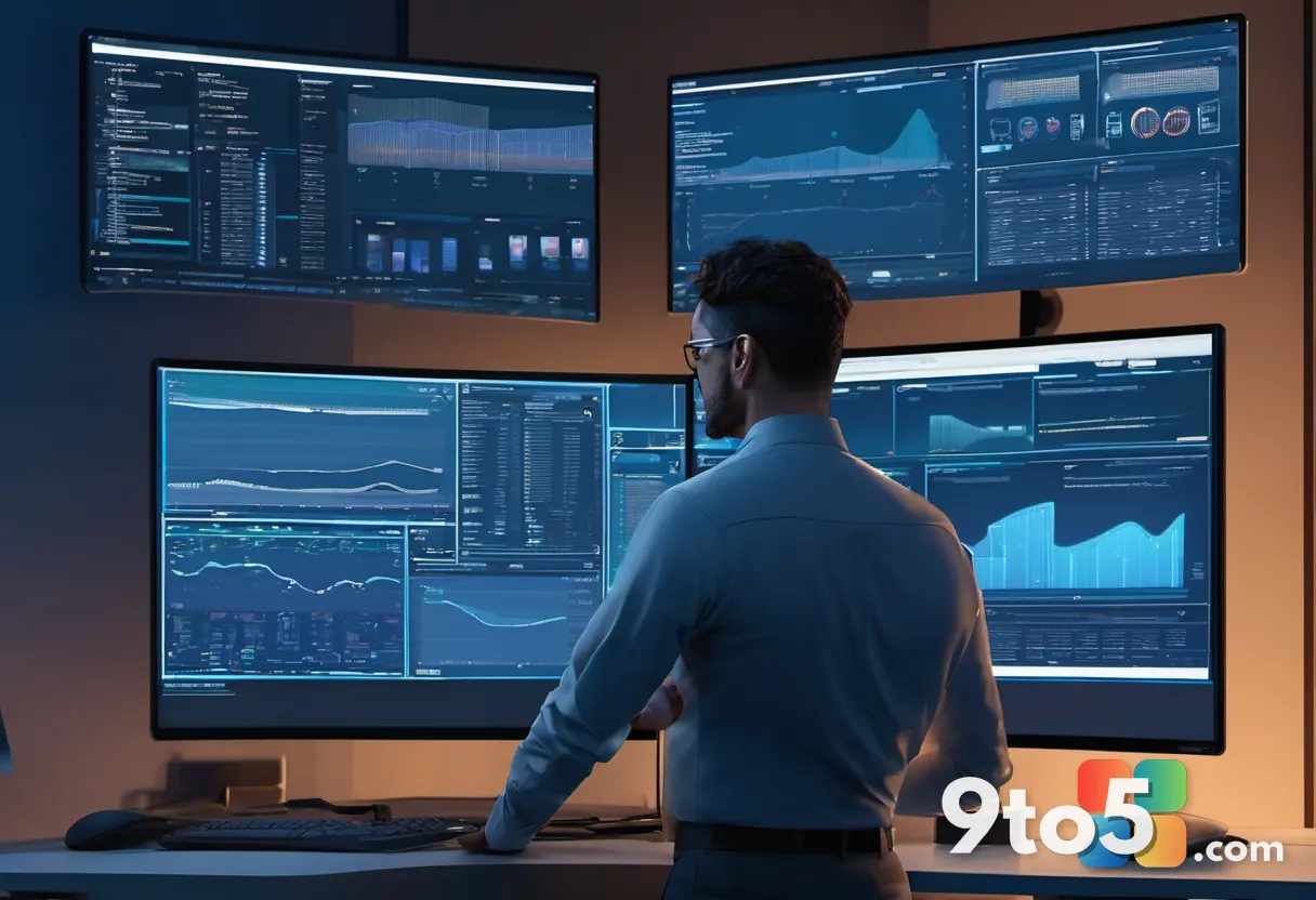 A government IT specialist reviewing multiple cloud service dashboards on a large monitor in a modern office, focused mo