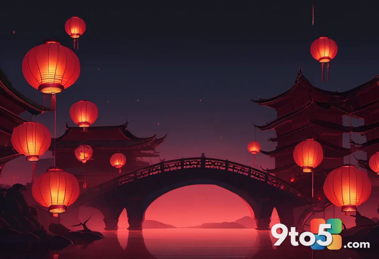 A vast Eastern hellscape at dusk: paper lanterns drifting over a cracked stone bridge, distant pagodas, deep crimson sky