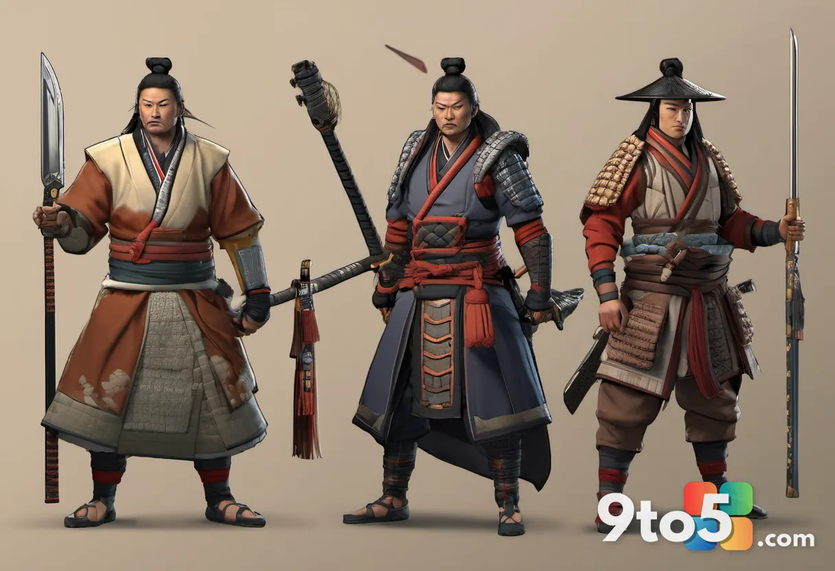Three game characters side by side: a stance-swarming samurai, a trap-laying tiger hunter with an early-modern blunderbu