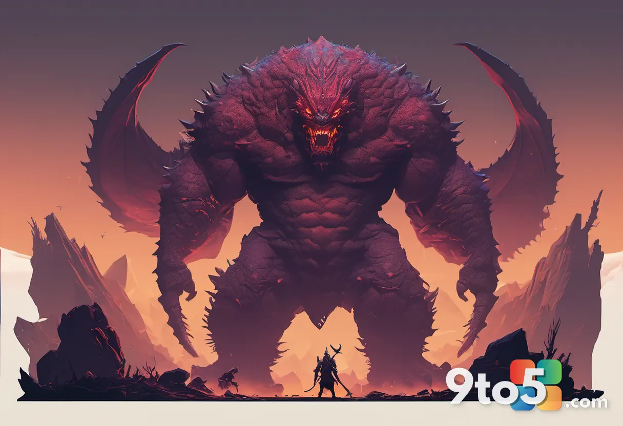 A huge multi-phase boss monster towering over a small warrior on a folklore-inspired battlefield, dramatic shadows, embe
