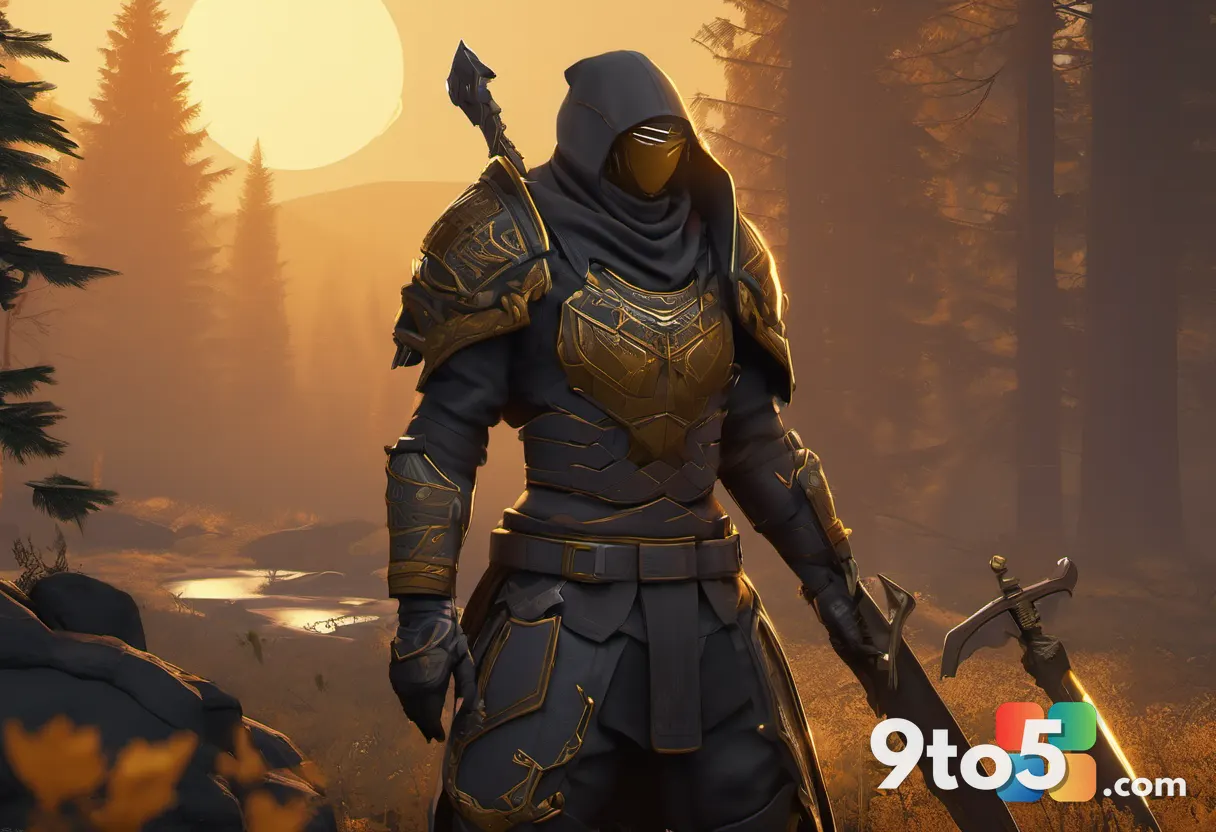 A game class-unlock screen showing a locked warrior silhouette gradually revealing gear, soft amber UI glow, clean art s