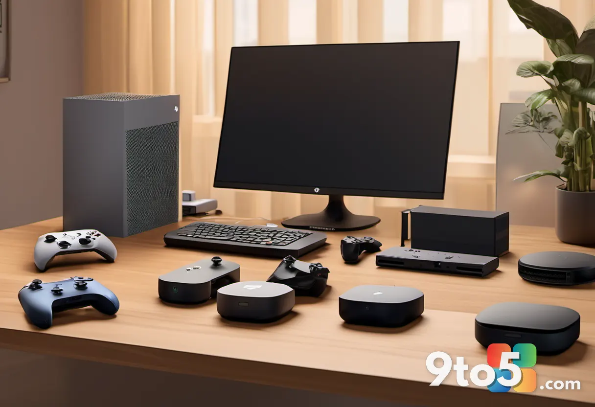 A stack of publishing contracts and console hardware on a wooden desk, Xbox and PlayStation controllers beside them, war