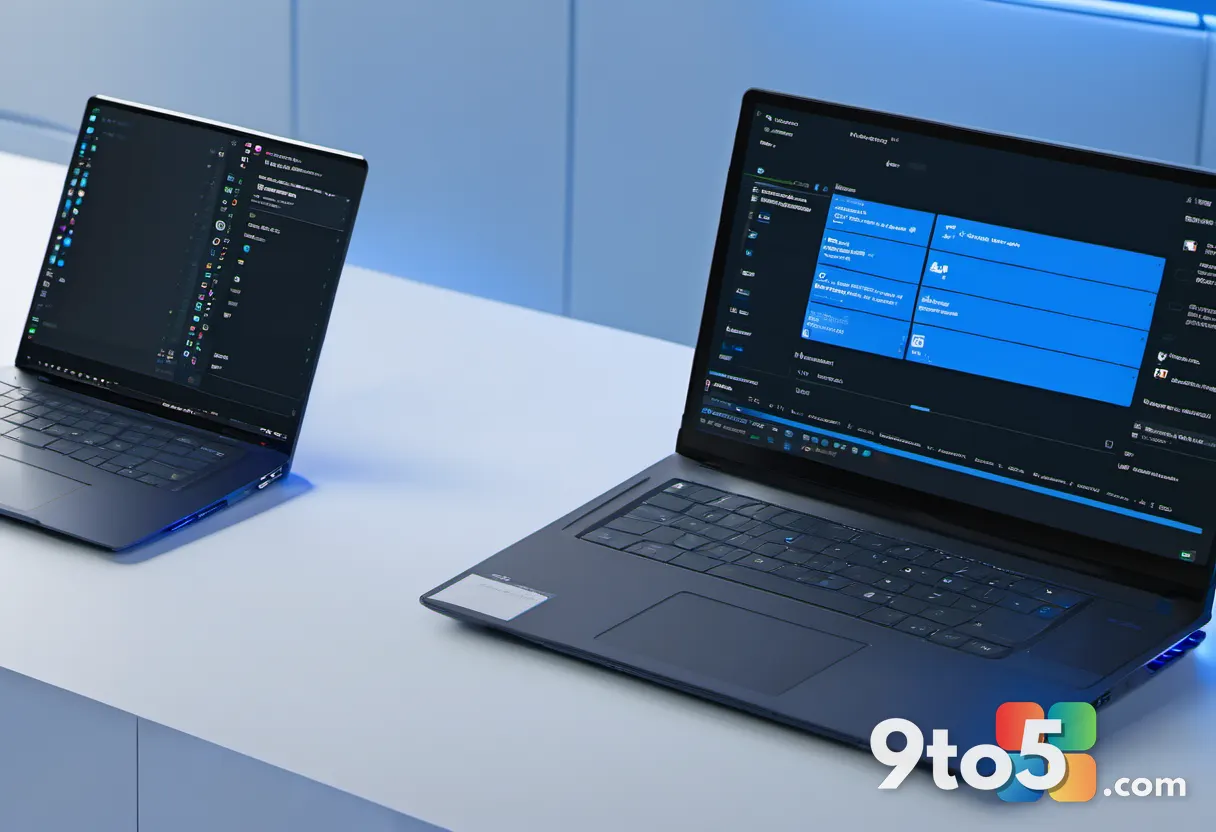 Close-up of a laptop screen displaying a code editor with a chat-style agent panel on the side, cool blue lighting, shal