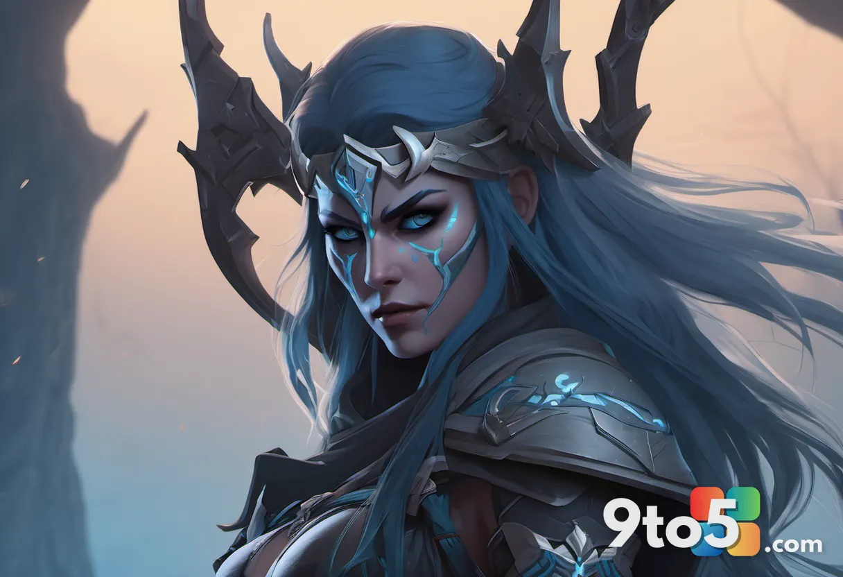 A heroic digital portrait of Sylvanas Windrunner with pale skin and flowing black hair, bow drawn, standing on a misty b