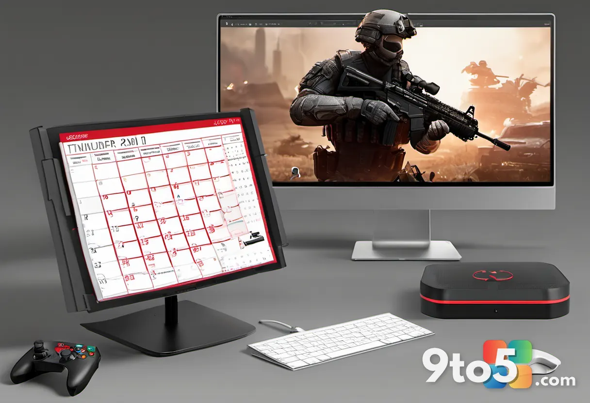 A desk calendar with November circled in red, sitting beside a game controller and a Warzone game case under warm studio