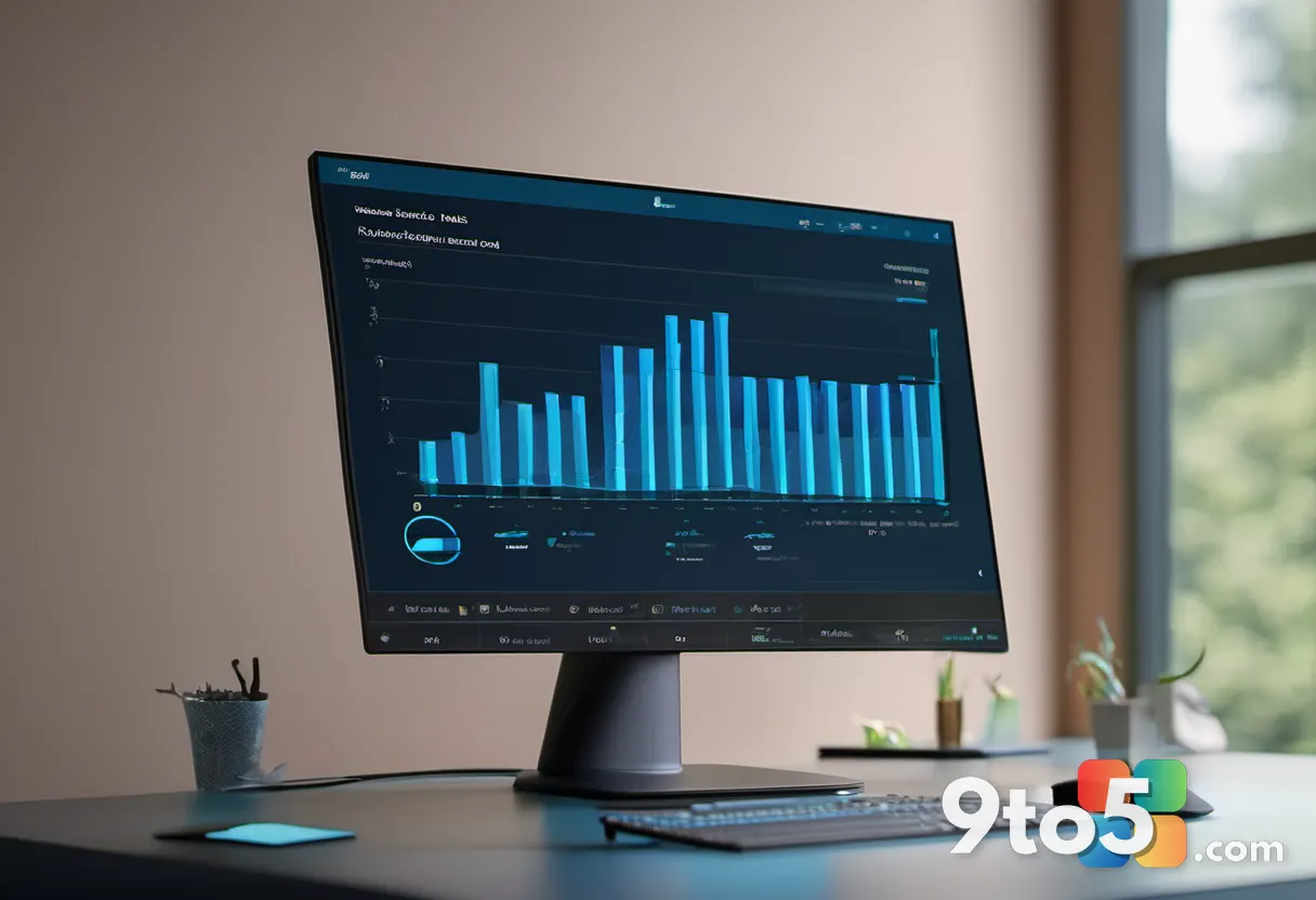 Close-up of an office desk monitor showing a blank chart box where a graph should be, soft afternoon light, subtle frust