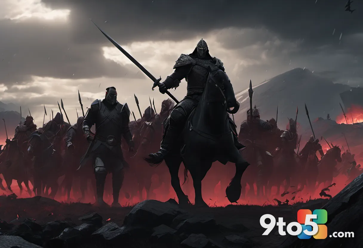 A split-screen fantasy illustration showing the Horde and Alliance factions facing off across a battlefield, orc and hum