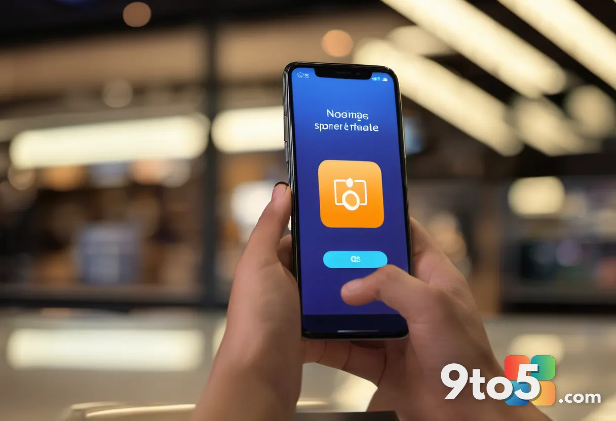 A close-up of a hand tapping a glowing purchase button on a smartphone screen displaying a software store, soft bokeh of