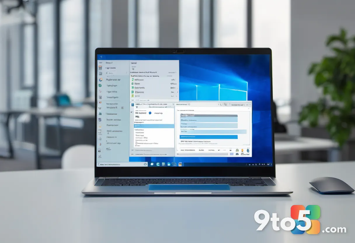 Close-up of a laptop screen showing a blue Windows update progress ring against a soft-focus office desk. Calm, professi