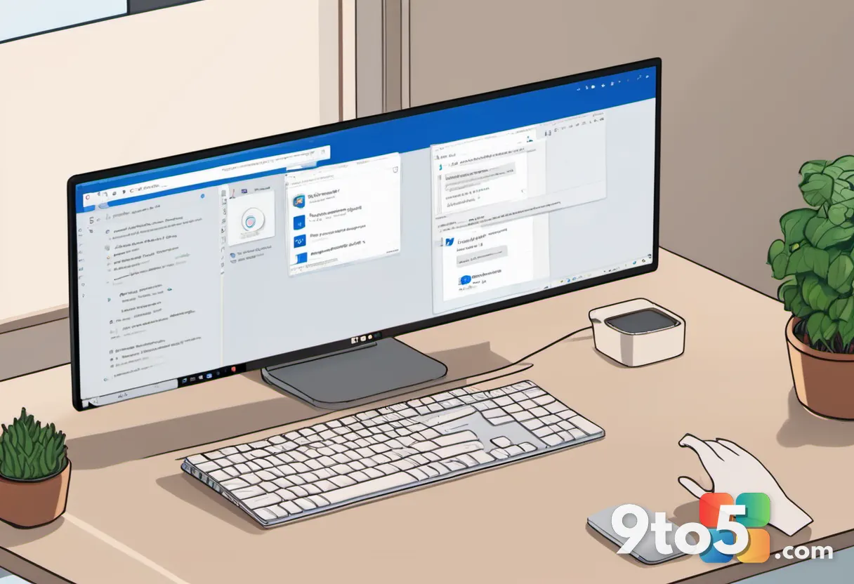 Top-down view of hands typing on a keyboard, monitor in the background showing Windows 11 Settings and Insider Program s