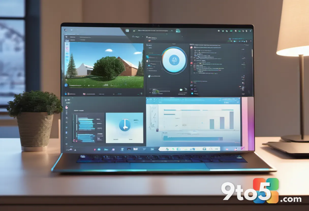 A person using a modern laptop in a bright home office, with subtle holographic AI icons floating above the screen, warm