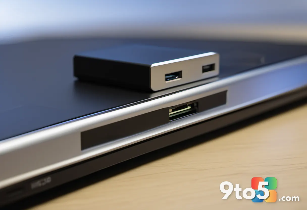 A close-up of a USB drive plugged into a laptop port, a faint Windows 11 installer progress bar reflected on the brushed