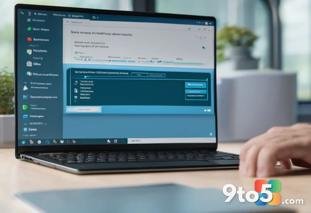 A close-up photo of a person's hands on a laptop keyboard, screen showing the Windows Settings and Windows Update interf