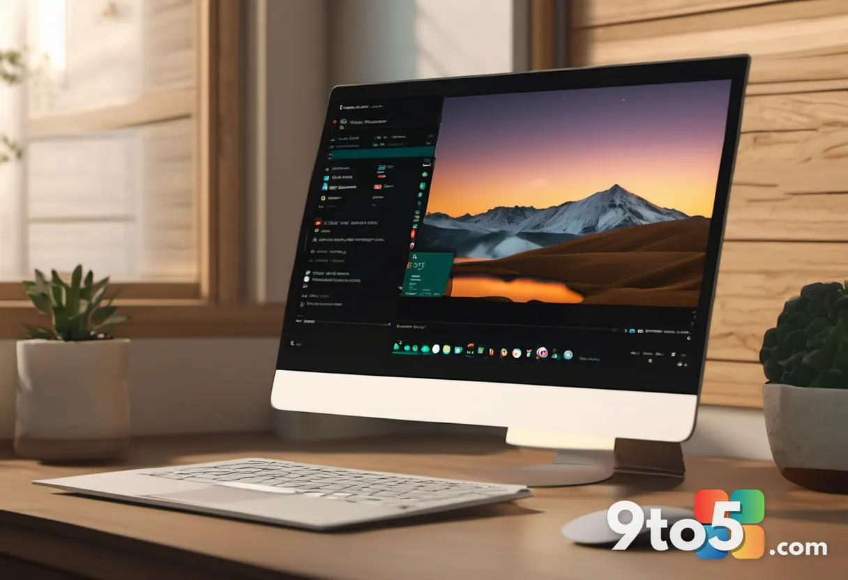A minimalist desktop wallpaper-style image of a laptop open on a wooden desk, displaying a Windows Update progress scree