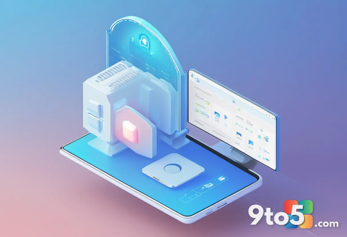 A clean isometric illustration of a Windows Settings dashboard with a shield icon and a backup arrow, on a light blue gr