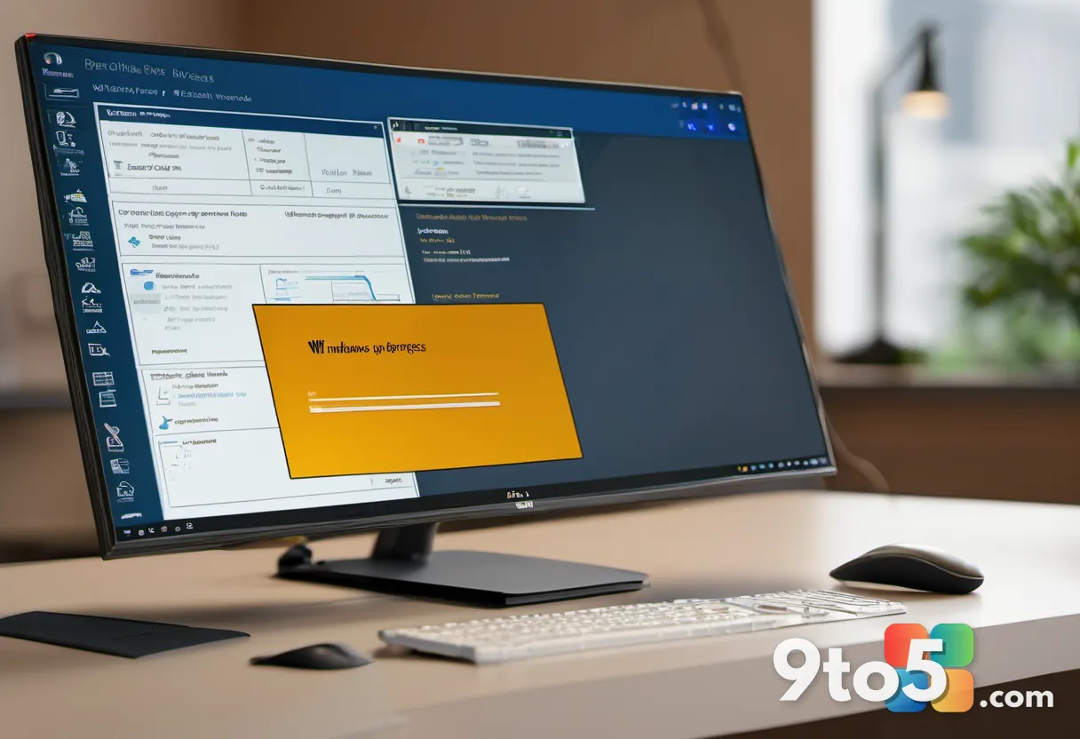 A computer monitor showing a Windows Update progress screen with an amber caution symbol on an office desk, soft focus b