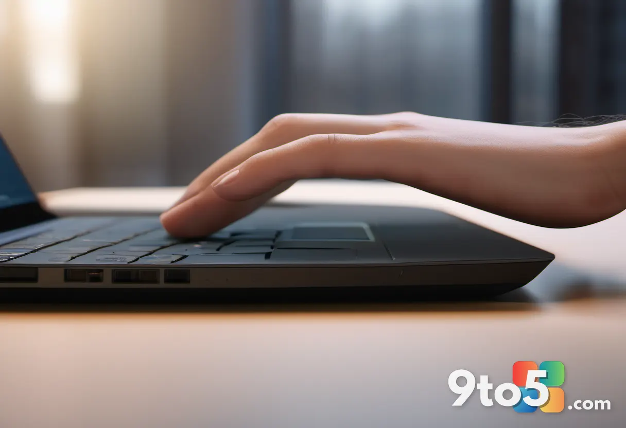 A close-up of a hand hovering over a laptop mouse, warm desk lamp light, tense mood, shallow depth of field, realistic p