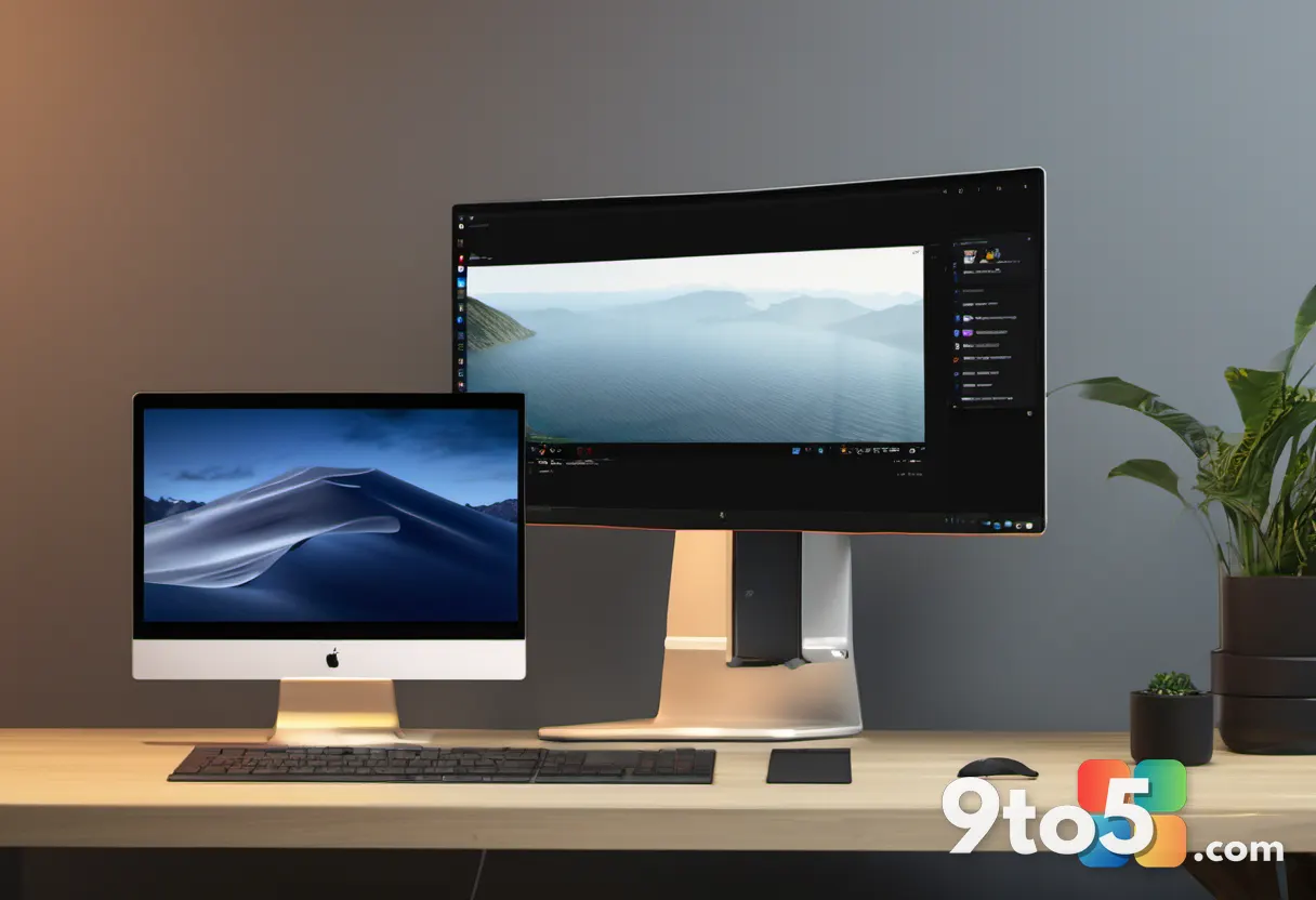 A side-by-side comparison of two Windows 11 desktops, one light and one dark, displayed on a modern monitor on a wooden 