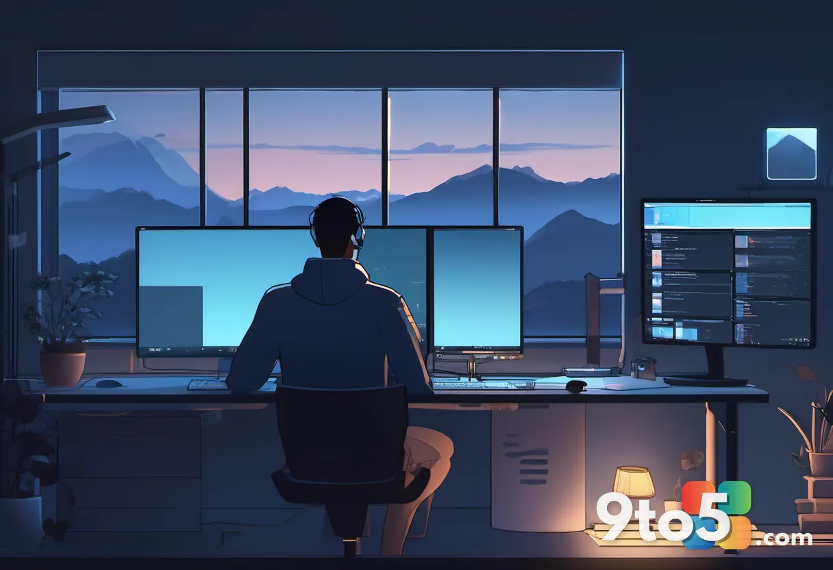 A person working late at night at a desk with a monitor showing a calm dark-mode interface, soft blue screen glow on the