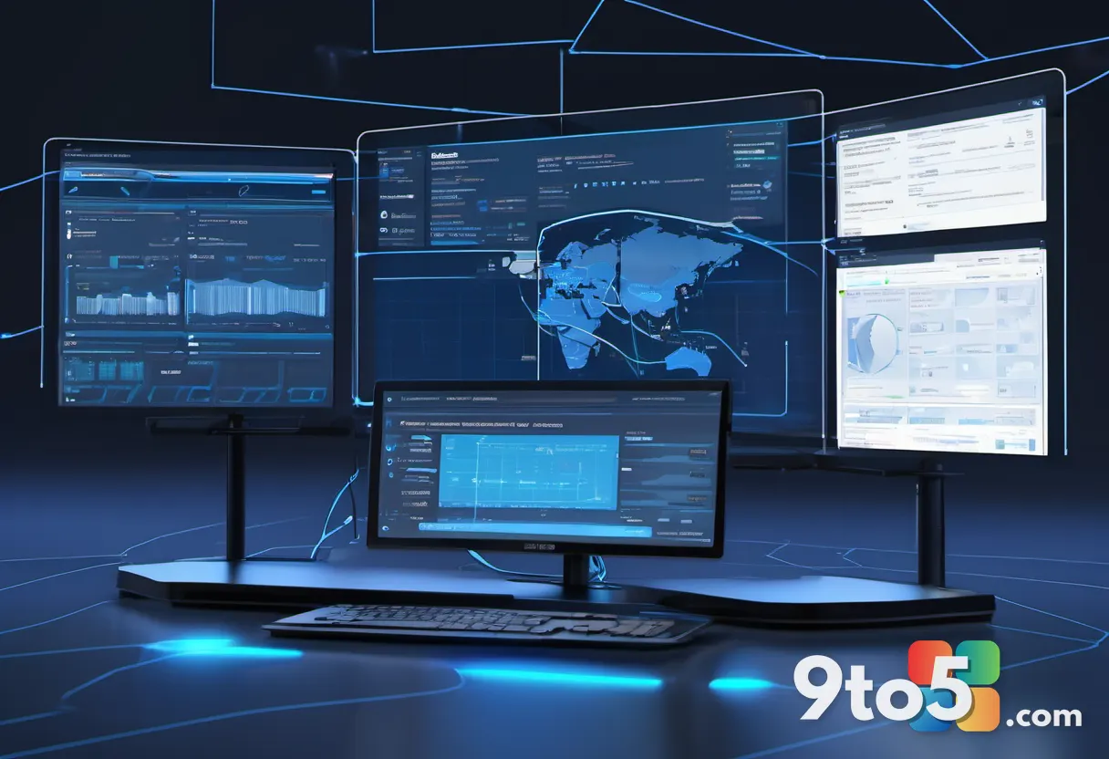 A network diagram of managed laptops connected to a central IT admin console over glowing blue lines, data flowing betwe