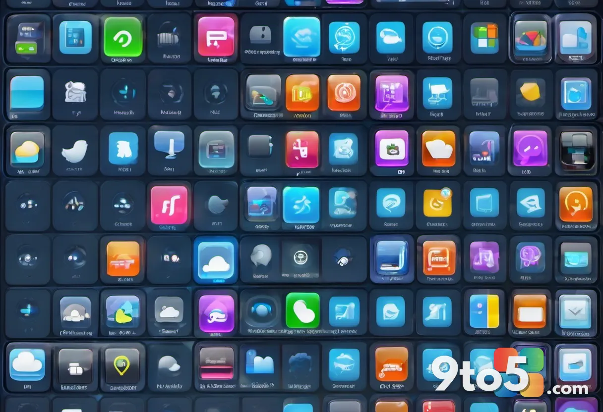 A close-up of colorful, glossy app icons arranged in a neat grid on a dark glass panel, soft focus blue lighting, modern