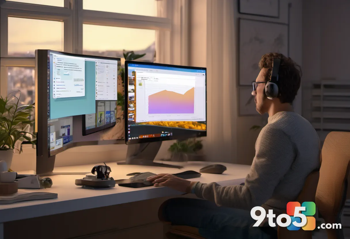 A person looking surprised at a computer monitor showing a full-screen ad on their desktop wallpaper; warm home-office l