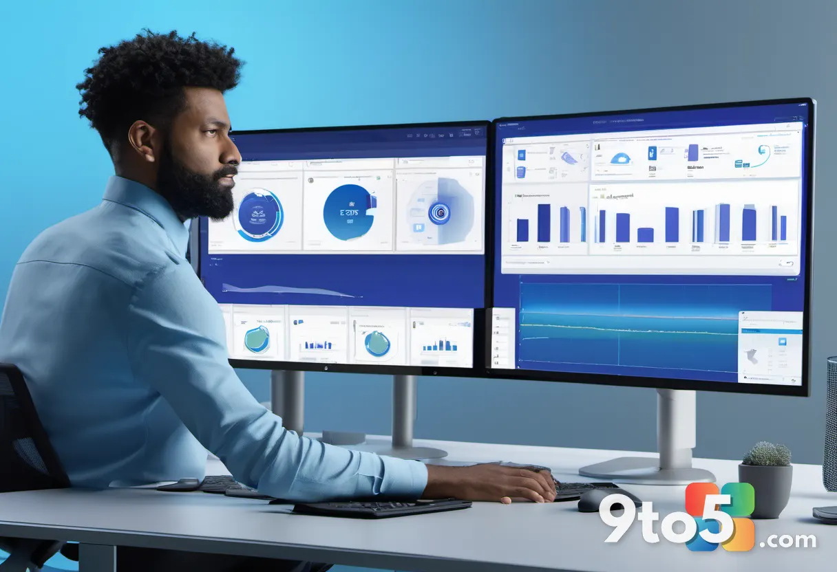 An IT admin at a multi-monitor workstation reviewing device compatibility dashboards, cool blue tones, office mood, no t
