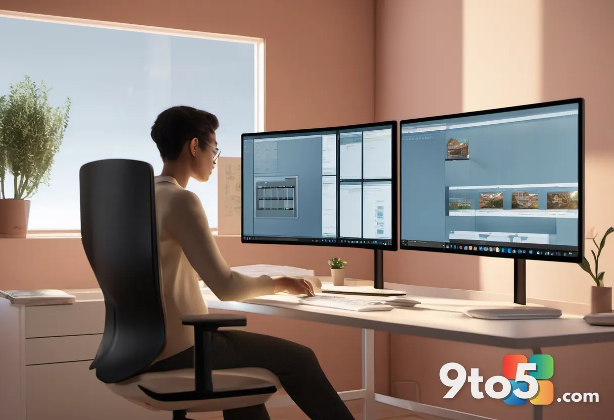A person working at a dual-monitor Windows 11 setup, arranging open windows with Snap Layouts, warm natural office light
