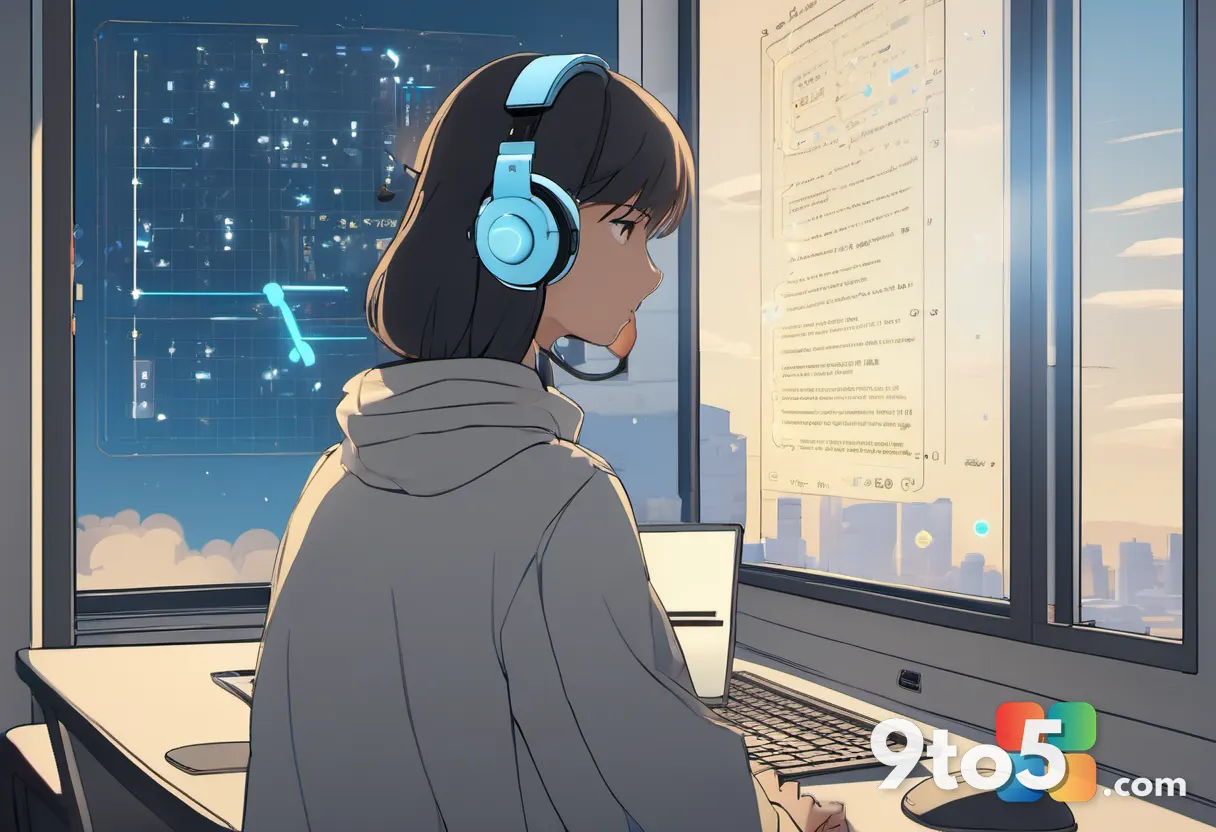 A person wearing headphones using a screen reader, with abstract mathematical equations and symbols floating softly in t