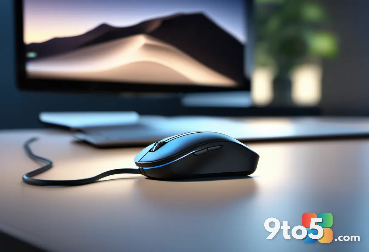 A close-up of a sleek modern computer mouse beside a keyboard on a clean desk, soft blue ambient lighting, shallow depth