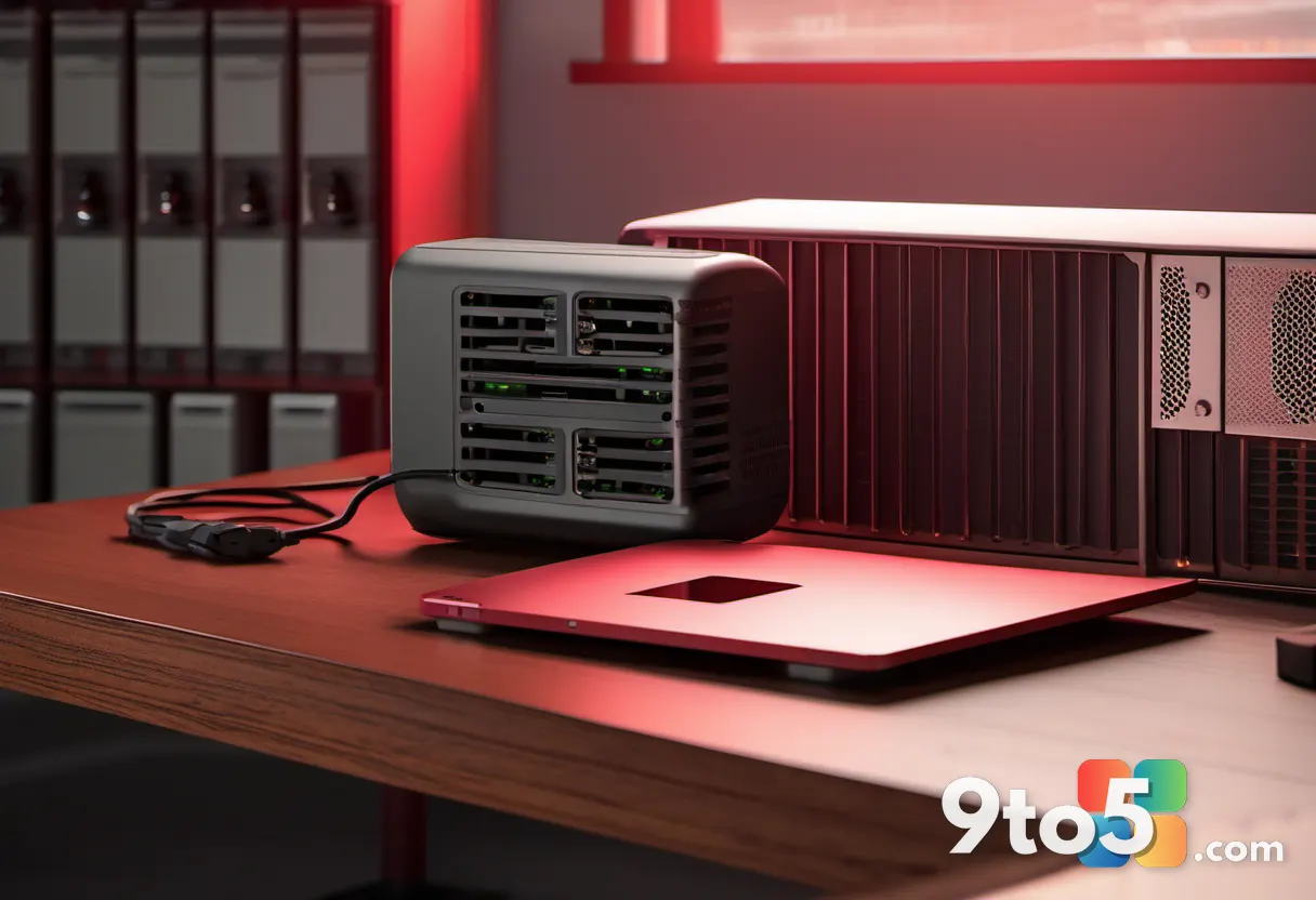 Close-up of a laptop power adapter and a red UPS unit on a workbench, cables visible, warm office lighting, shallow dept