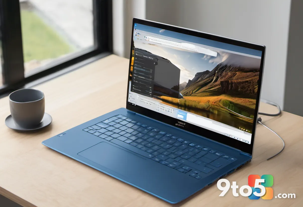 A close-up of a laptop screen showing the Windows installation setup wizard with a blue progress bar, minimalist blue an