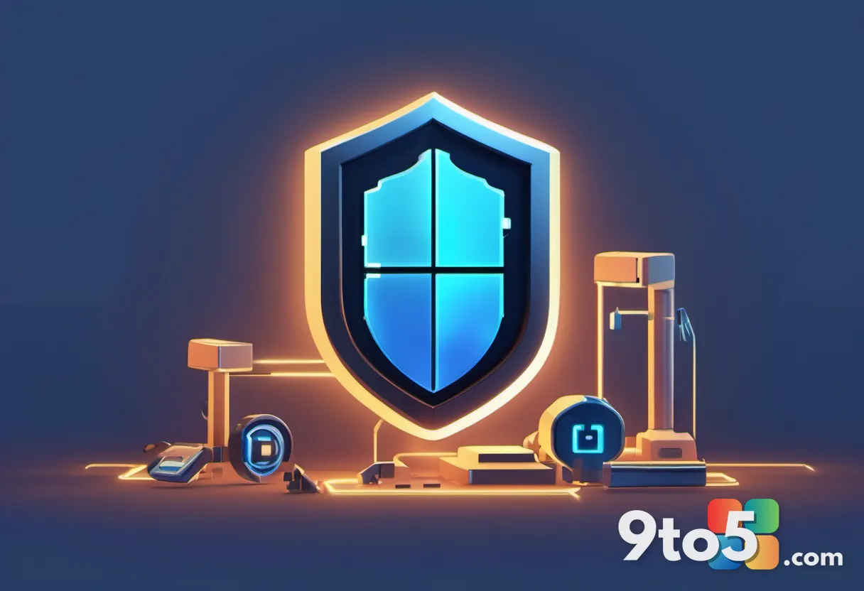 An abstract representation of a Windows recovery environment with a glowing shield and wrench icon on a dark blue screen
