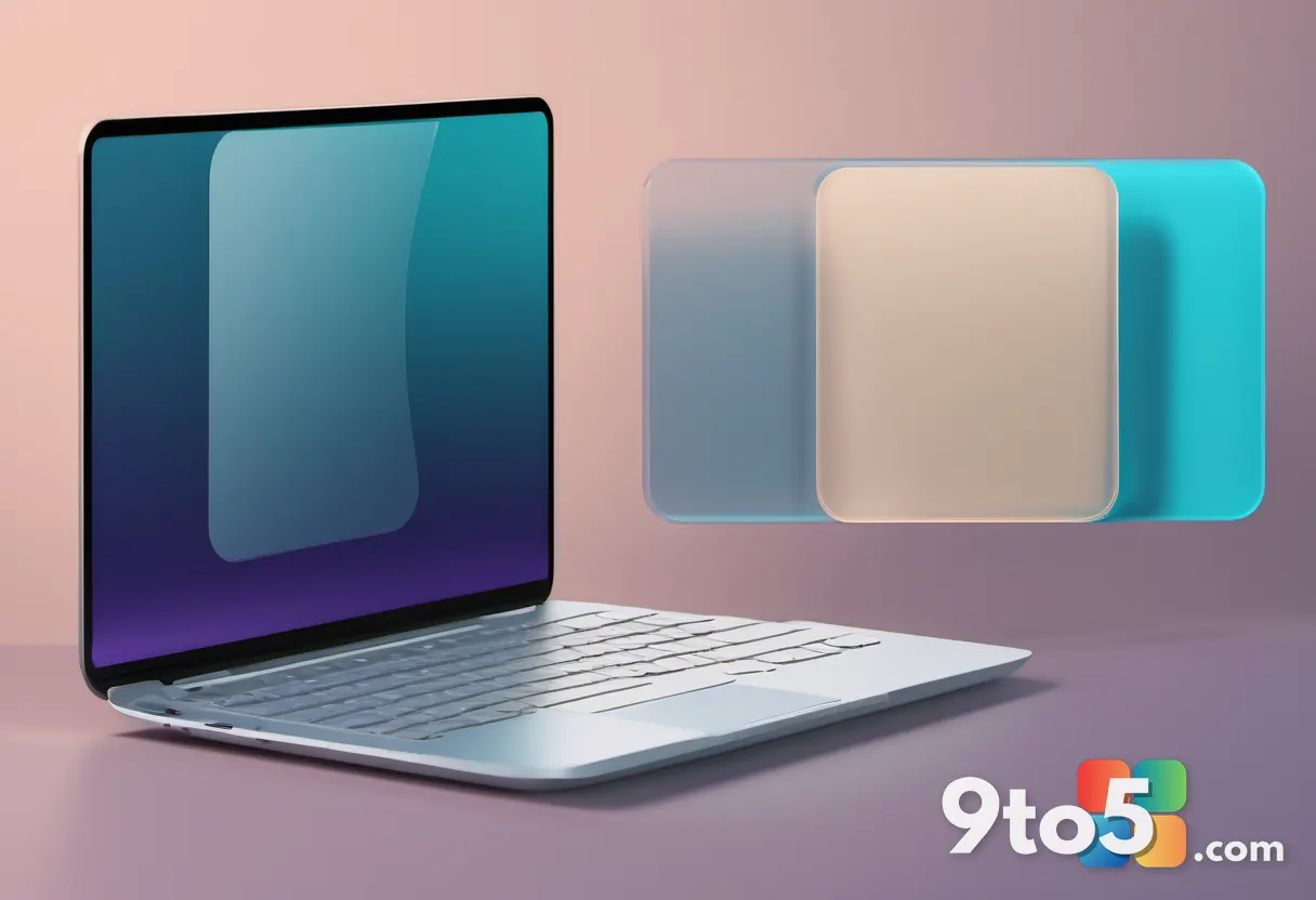 A translucent magnifying glass icon hovering over a laptop keyboard, with four small color swatches—teal, sandy, dusky p