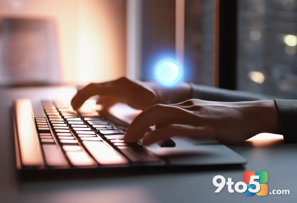 A hand tapping a Ctrl key on a backlit keyboard with a faint glowing circle appearing above a cursor, cozy desk lighting