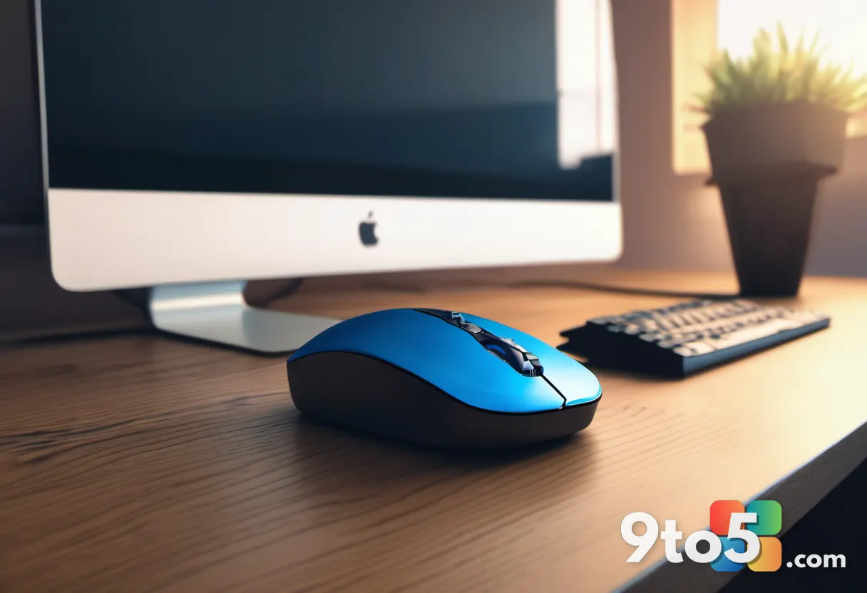 A close-up of a computer mouse and keyboard on a wooden desk with a glowing blue cursor arrow on screen, warm ambient of