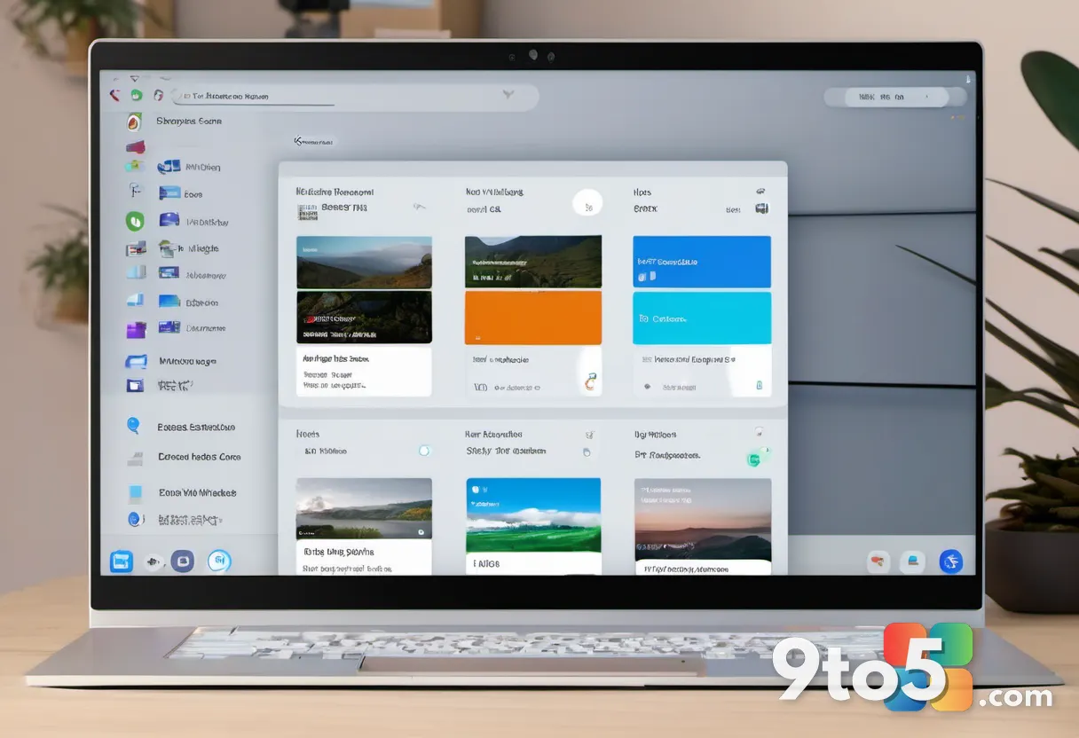 A person using a laptop with the Windows 11 Widgets panel floating on screen showing system widgets, cozy home office se