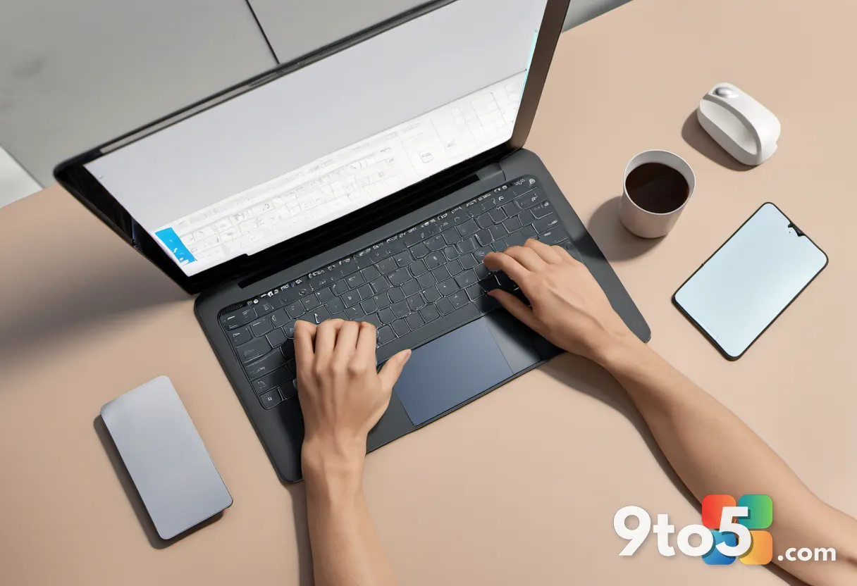 Top-down view of a laptop keyboard and touchpad with a finger mid-scroll, soft natural lighting, minimalist desk, warm a