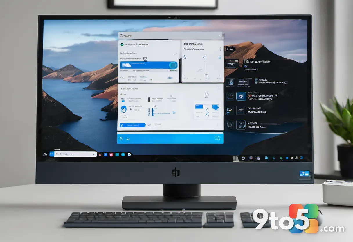 Close-up of a modern monitor displaying a clean Windows 11 setup wizard screen with a progress bar and simple icons, sof