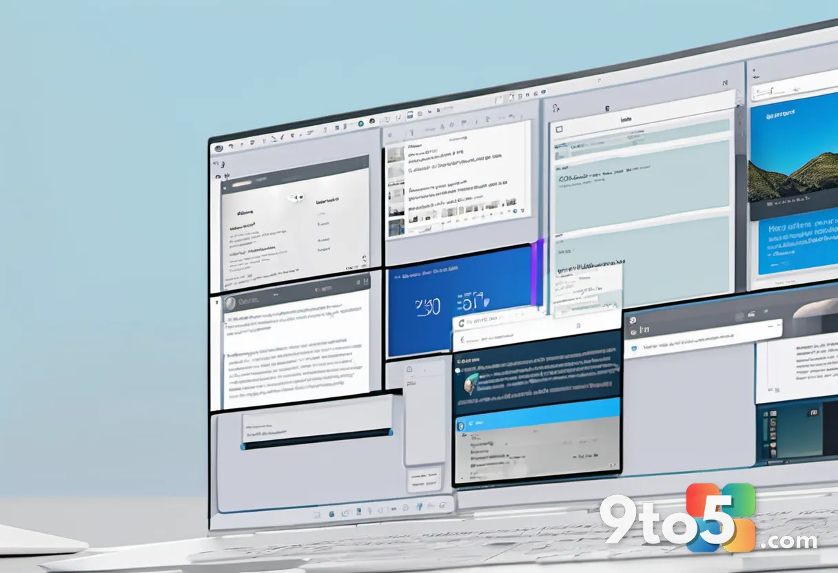 A close-up view of the Windows 11 Snap Layouts multitasking feature, with window previews arranged in a grid over a blur