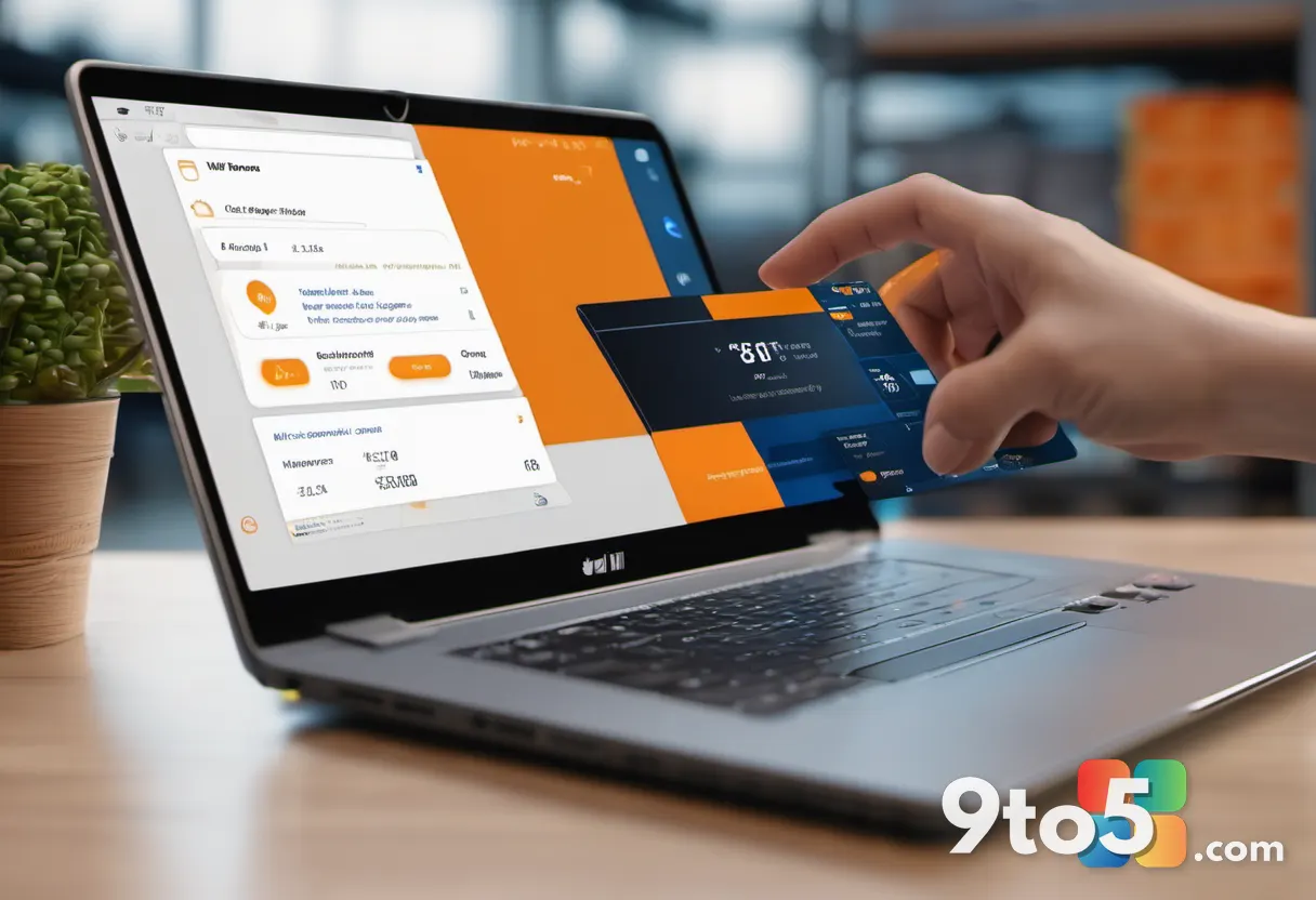 A hand tapping a '$9.97' price tag on a laptop checkout screen, a glowing shopping-cart icon, warm café lighting, close-
