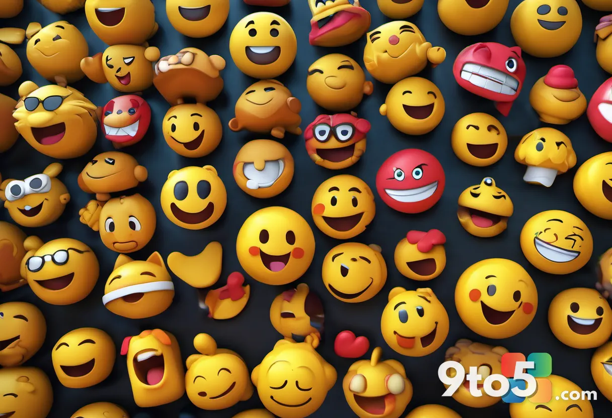 A close-up of vibrant, glossy 3D emoji characters displayed on a dark screen, including smiling faces and hand gestures,