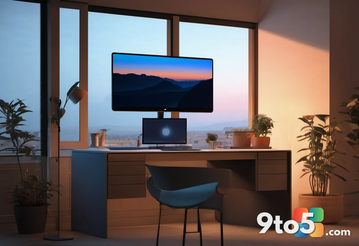 A minimalist desk scene at dusk: a monitor in dark mode beside a small analog clock showing evening, warm orange and coo