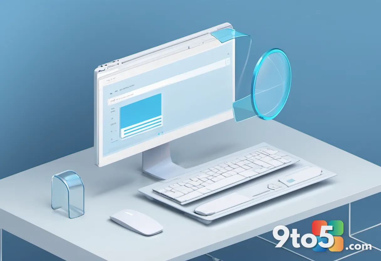 A stylized illustration of a Windows search bar with a magnifying glass scanning through floating file folders, flat mod